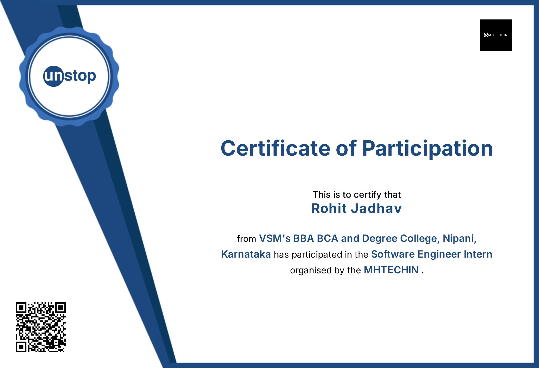 Internship certificate preview
